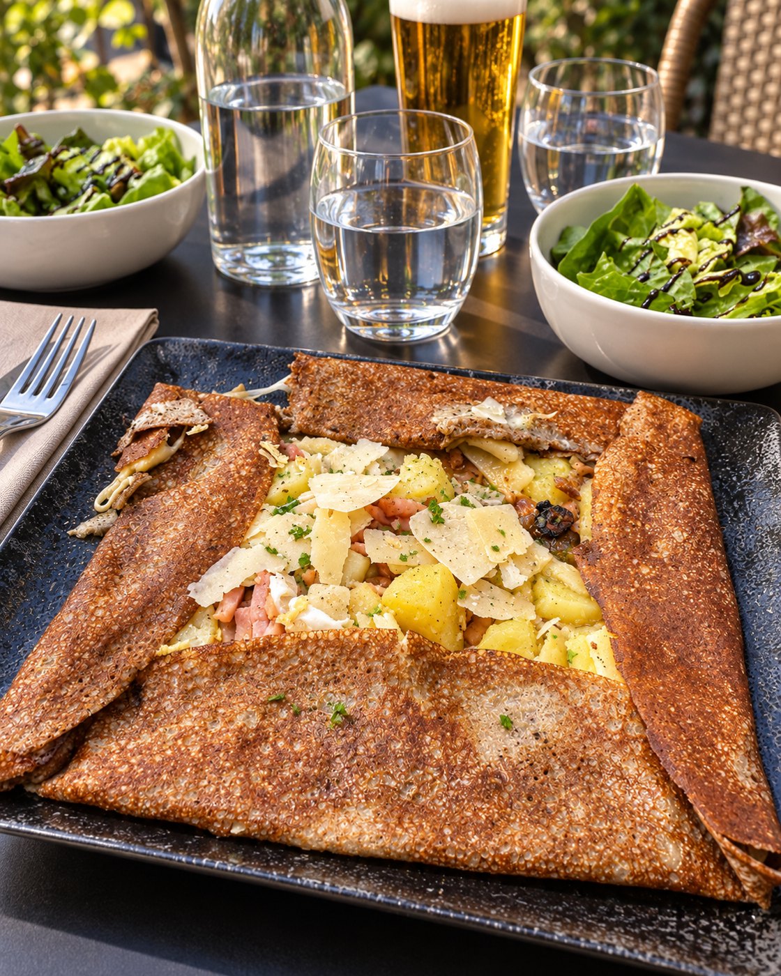 Galette de sarrasin garnie, servie avec une salade